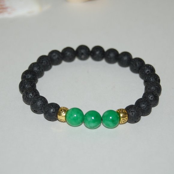 Lava Bracelet,Lava and Jade Bracelet,Black and Green Bracelet,Lava Stone Beads - Picture 3 of 3